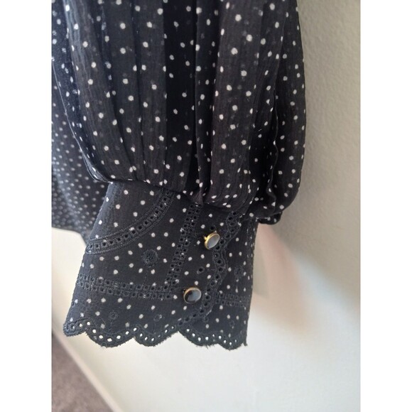 Sessun Ruffle Sleeve Button Back Polka Dot Black Blouse Top Size S - Picture 5 of 13